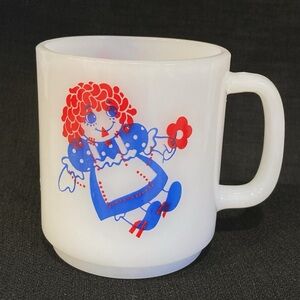 Glasbake Raggedy Ann & Andy Vintage Milk Glass Coffee Cup Mug